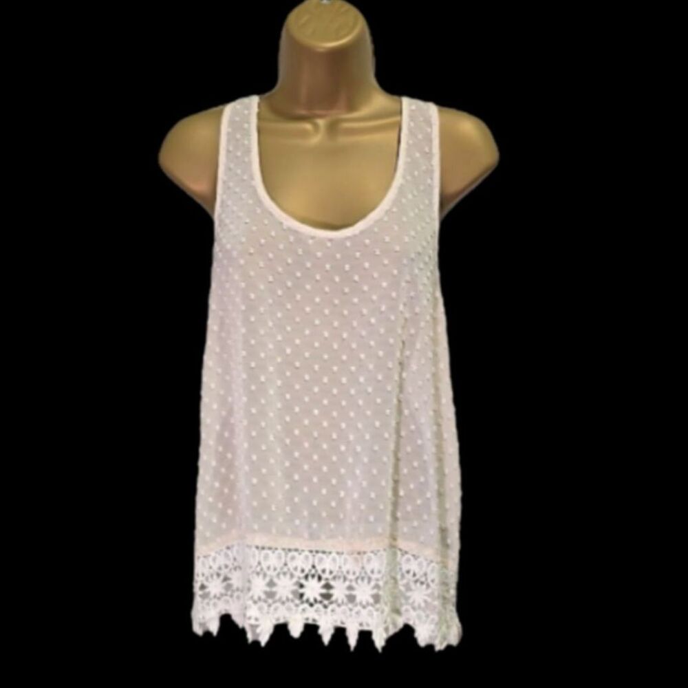 Ivory Crochet Lace Sheer Camisole Tank Lg Cottage Fairy Grunge Delicate Feminine